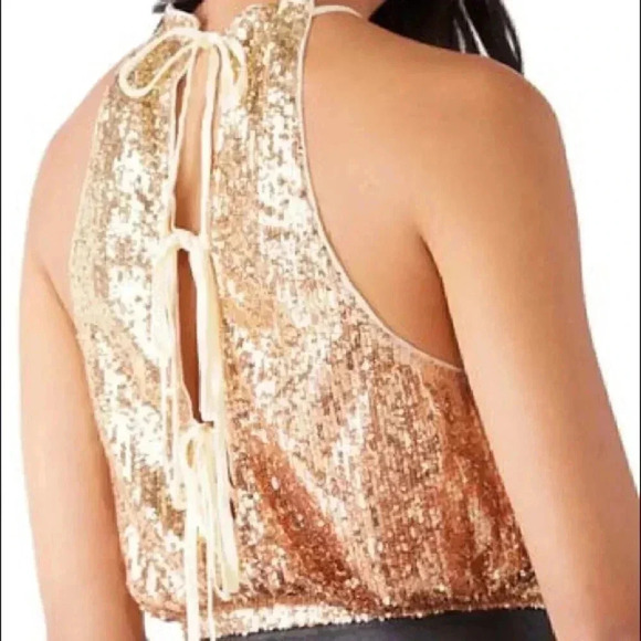 Free People Lights Out Gold Sequin Halter Top - Picture 3 of 3